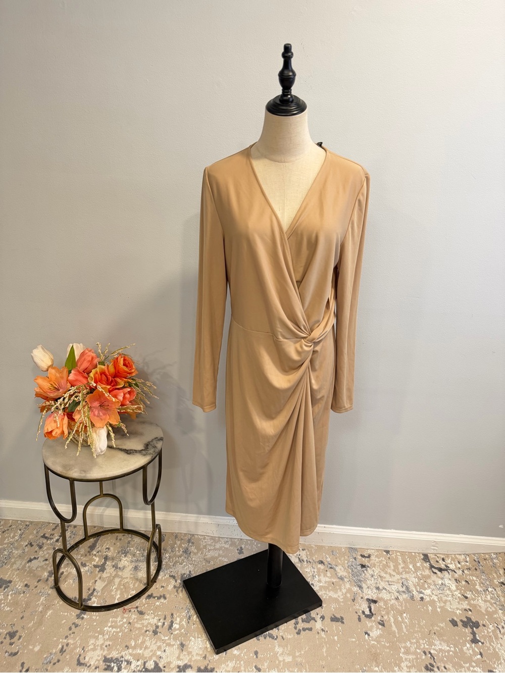 Lauren Ralph Lauren Tan - Camel Faux Wrap Long Sleeve Twist Front Dress Size 14